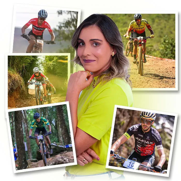 Maria Joana, nutricionista esportiva de MTB, ao lado de ciclistas em prova